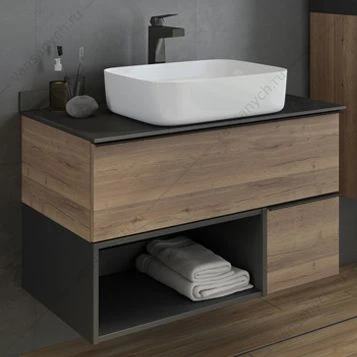 Тумба с раковиной COMFORTY Штутгарт-90 дуб тёмно-коричн, черная столешница, раковина COMFORTY T-Y9378