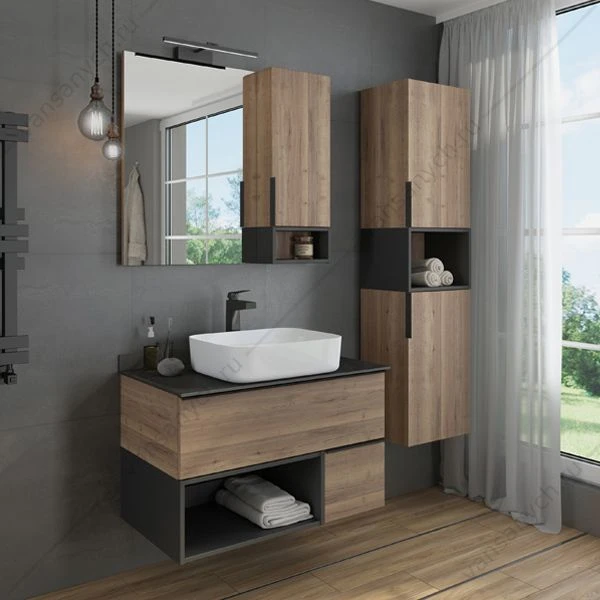 Тумба с раковиной COMFORTY Штутгарт-90 дуб тёмно-коричн, черная столешница, раковина COMFORTY T-Y9378