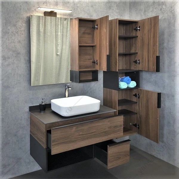 Тумба с раковиной COMFORTY Штутгарт-90 дуб тёмно-коричн, черная столешница, раковина COMFORTY T-Y9378