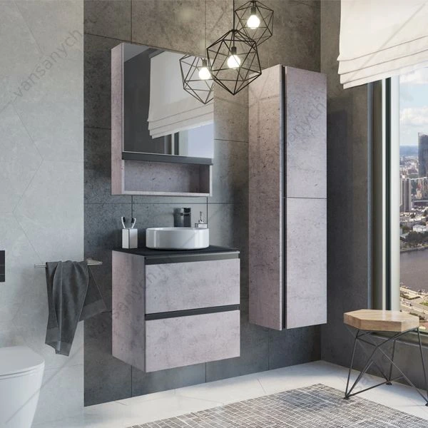 Тумба с раковиной COMFORTY Эдинбург-60-2 бетон светлый, черная столешница с отв. под смесит. №12, раковина COMFORTY 9111