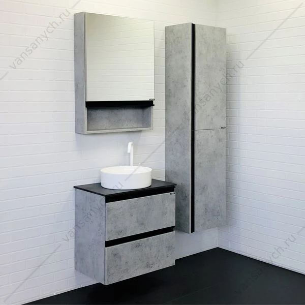 Тумба с раковиной COMFORTY Эдинбург-60-2 бетон светлый, черная столешница с отв. под смесит. №12, раковина COMFORTY 9111