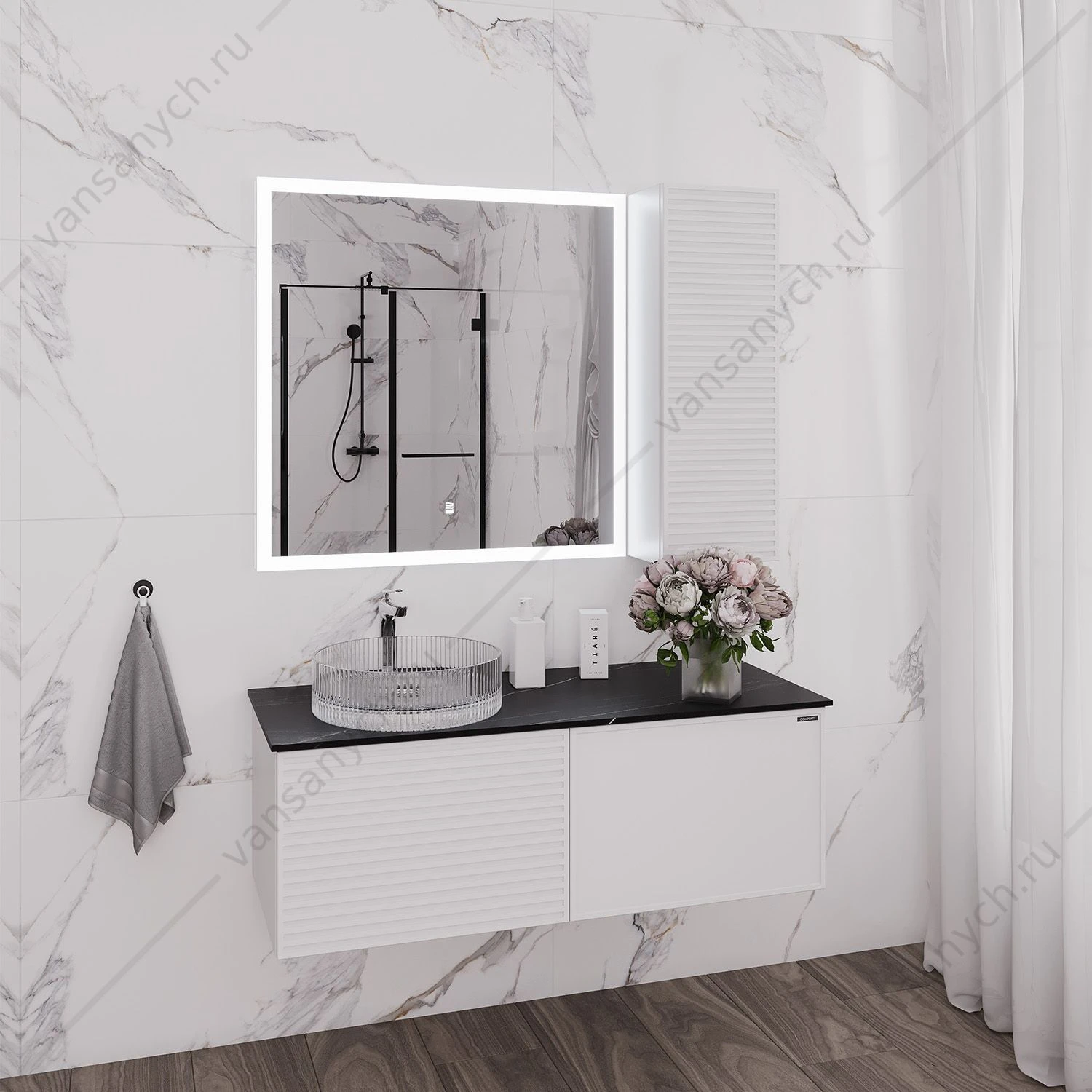 Тумба с раковиной 120см COMFORTY геленджик-120 белый мат. столешница под мрамор Калакатта Блэк раковина COMFORTY 21001, 00-00017877CF