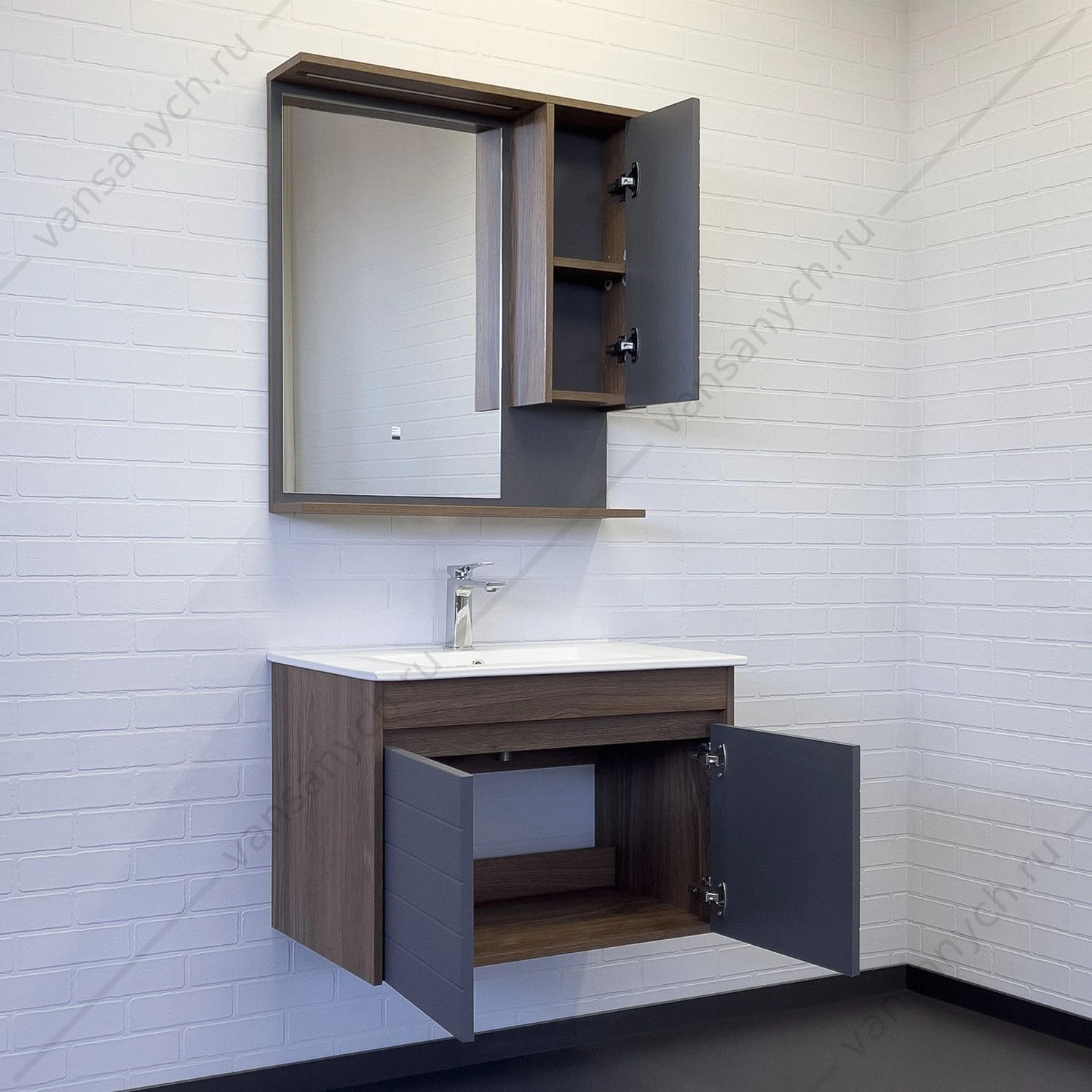 Тумба с раковиной 75см COMFORTY Кемер-75 антрацит/дуб тёмно-коричневый раковина COMFORTY 75e, 00-00017883CF
