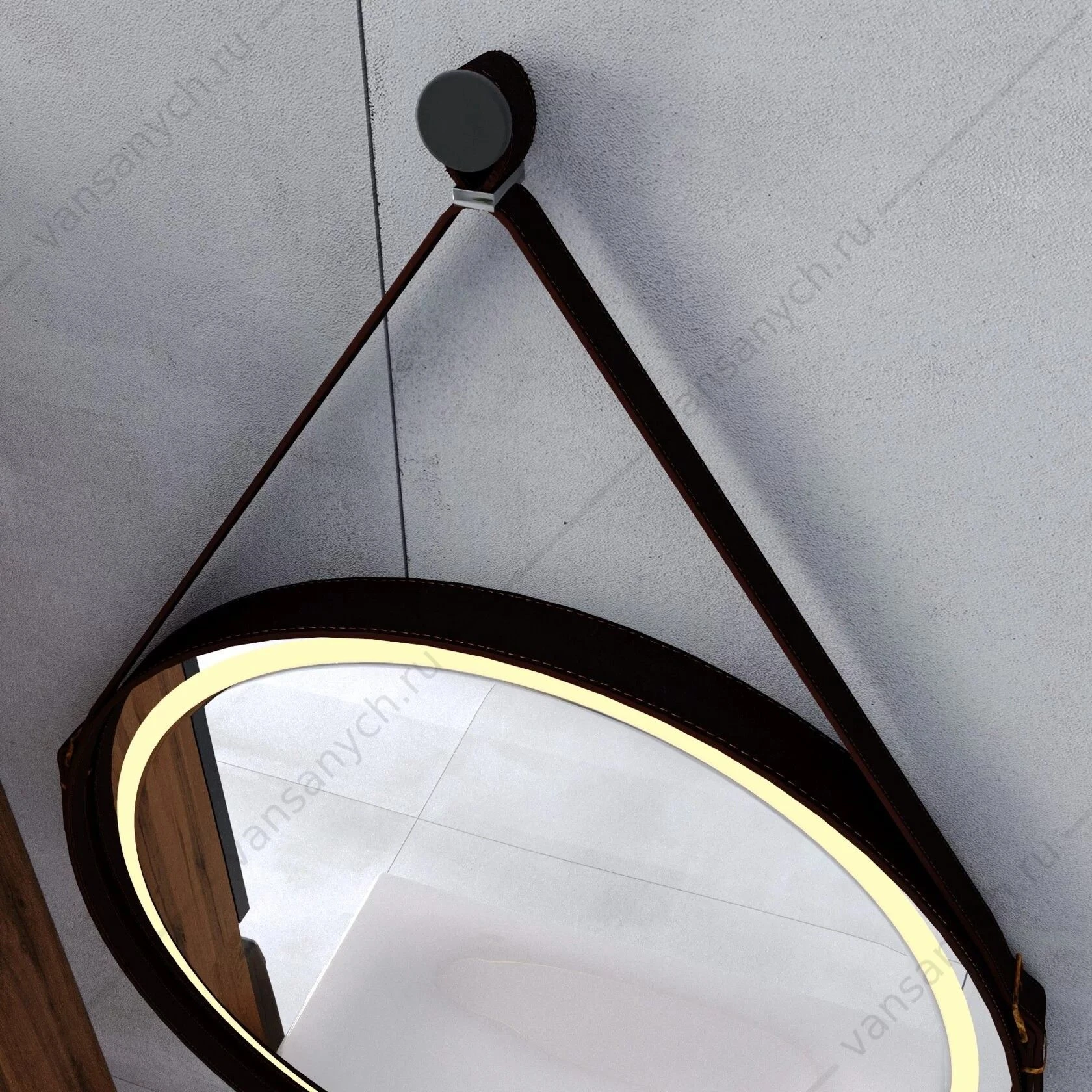 Зеркало 65х65 круглое VIANT Лофт LED подсветка, кожаный ремень VLOFT65-ZLED