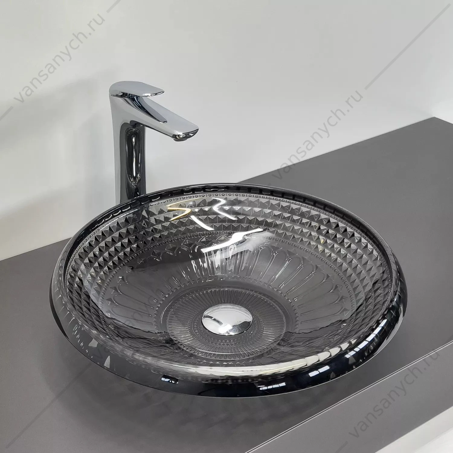 Раковина D44 круглая накладная COMFORTY CF21206 стеклянная серый дым