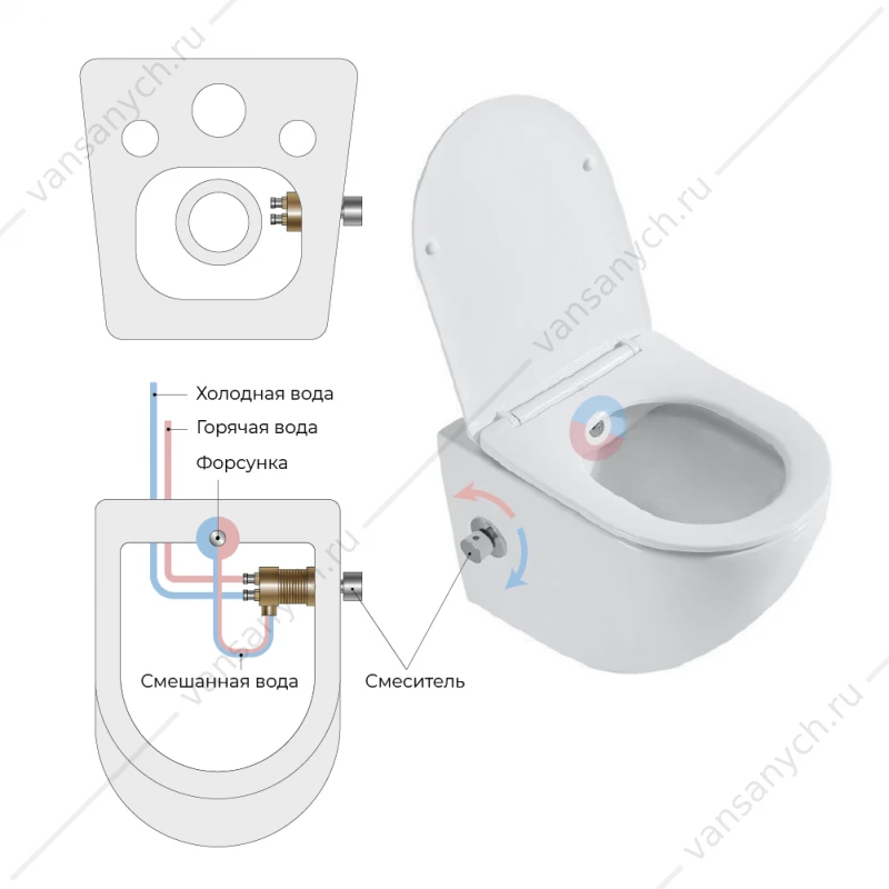 Унитаз с функцией биде и смесителем, безободковый, с сиденьем  BELBAGNO UNO BB3105CHR-BS/SC