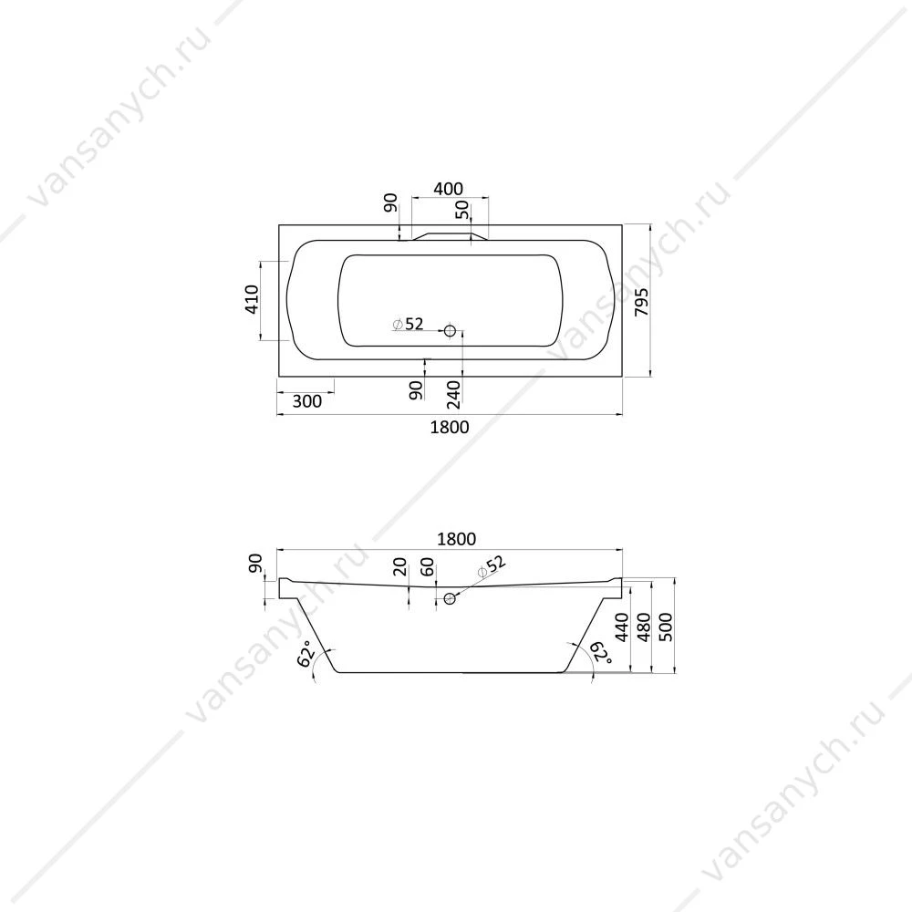 Ванна 180x80 акриловая Santek Корсика слив по центру 1WH111981