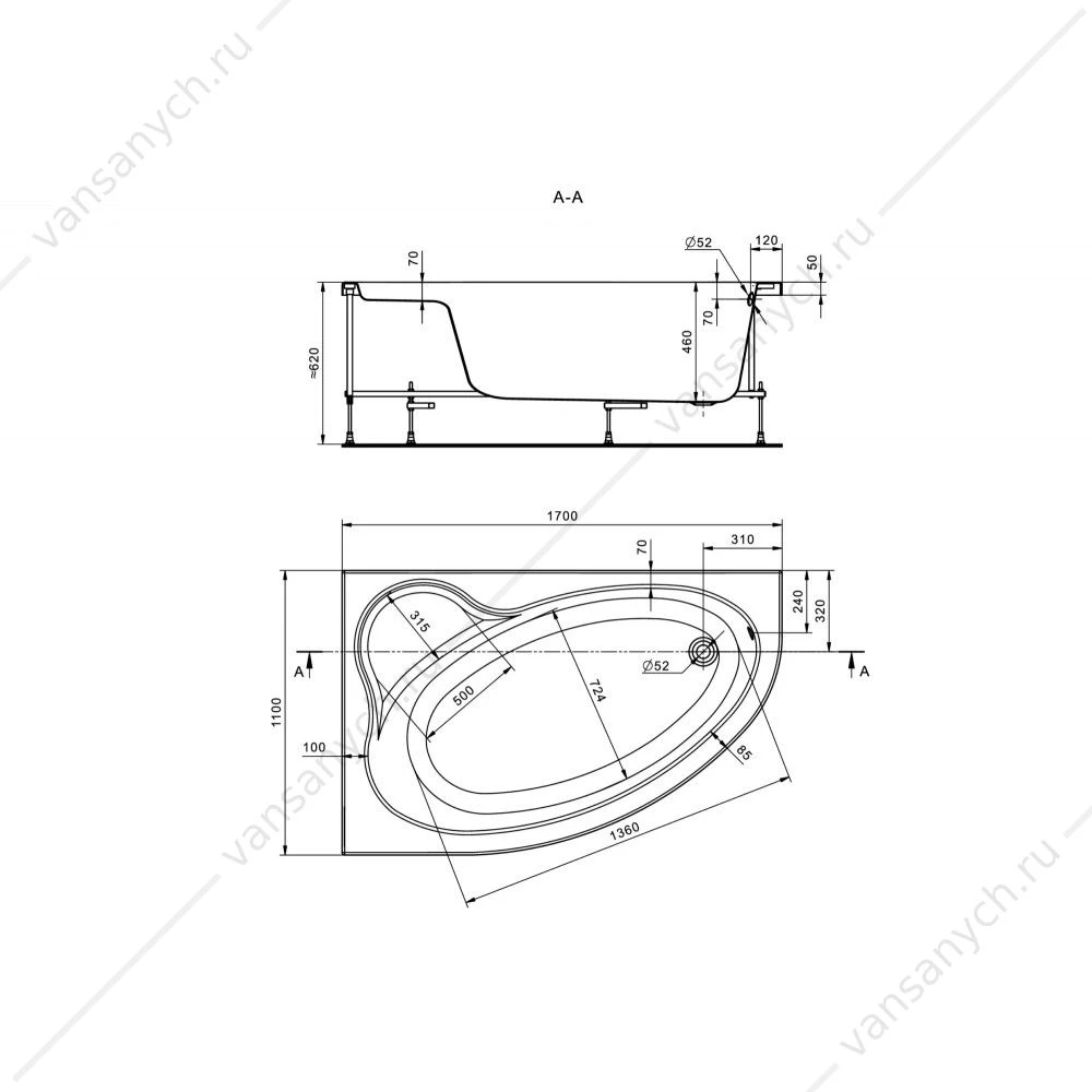 Ванна 170х110 L(левая) акриловая Santek Эдера 1WH111995 асимметричная