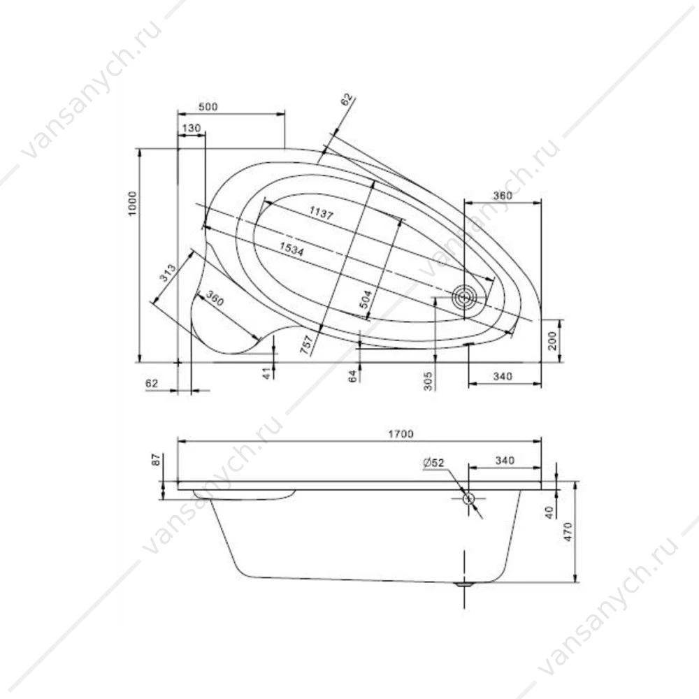 Ванна 170х100 R (правая) акриловая Santek Эдера 1WH501663 асимметричная