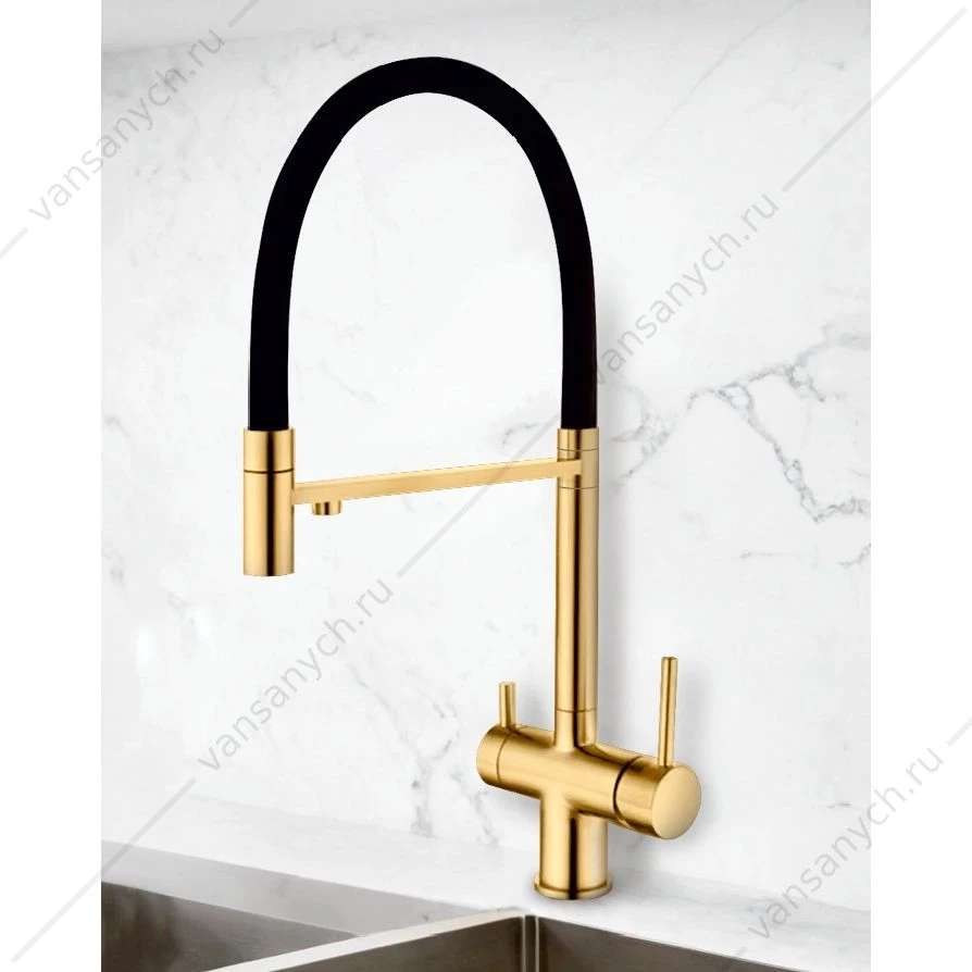 Смеситель с подключением к фильтру питьевой воды для кухни GROSS AQUA 3188611SSMGB Neosteel золото матовое, гибкий излив