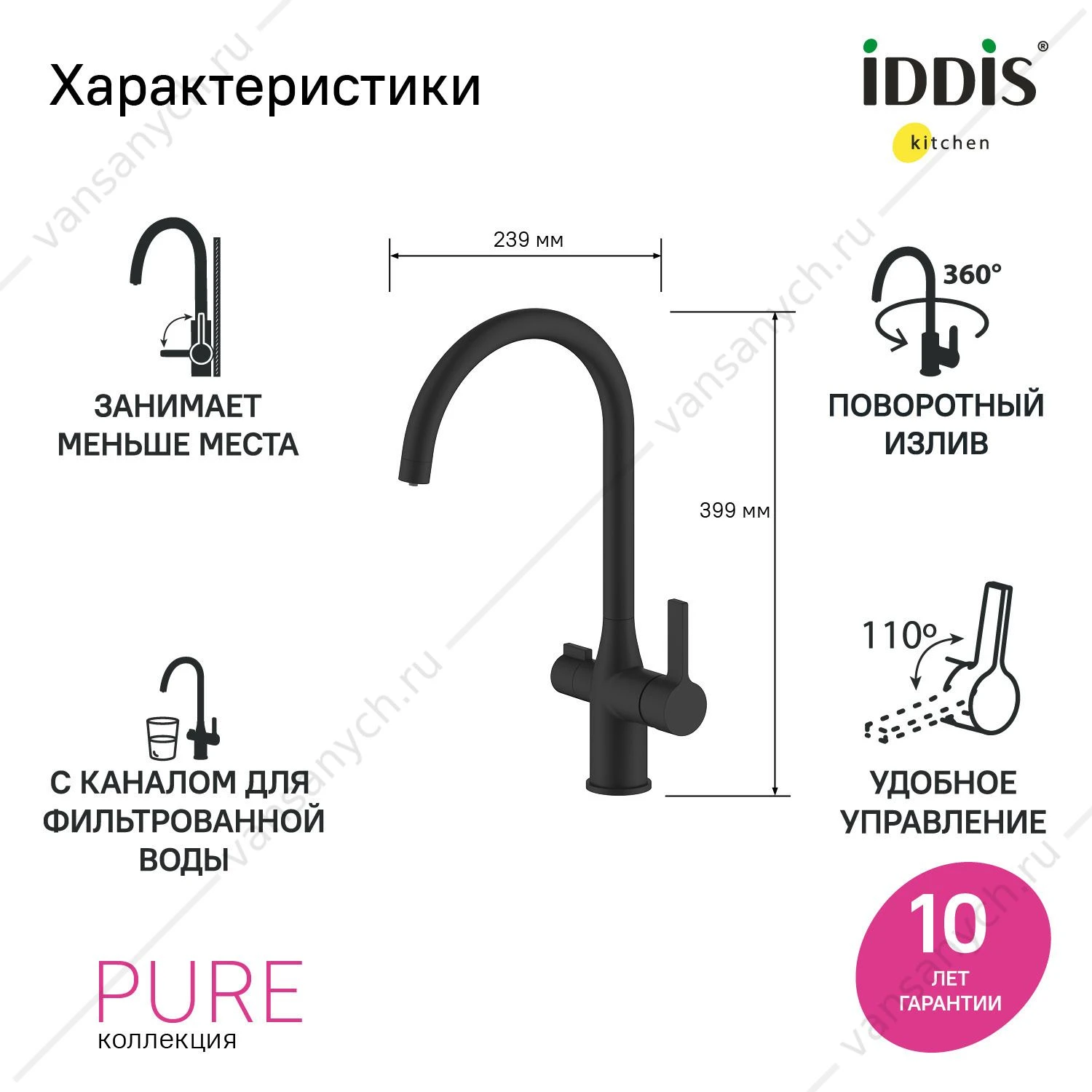 Смеситель для кухни с каналом для фильтров. воды, черный матовый, Pure, IDDIS, PURBLFJi05