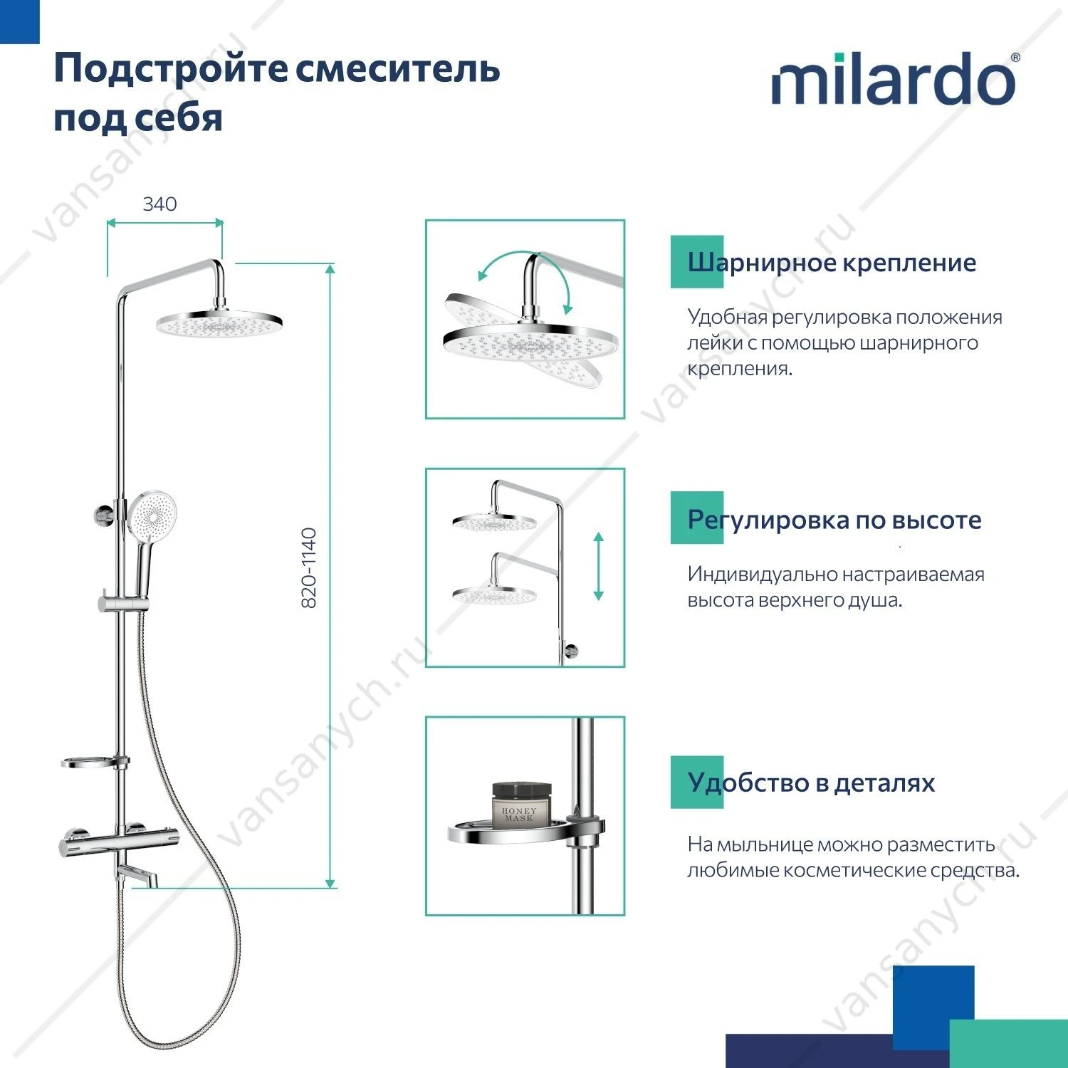 Смеситель термостат. для ванны с тропическим душем, хром, Ideal Spa, Milardo, ILSSBTHM06