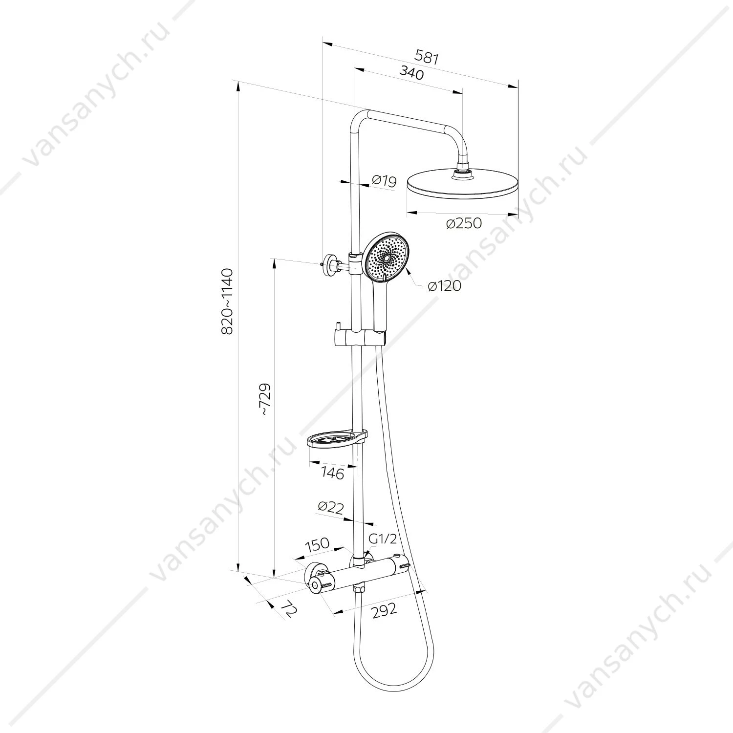 Смеситель термостат. для душа с тропическим душем, хром, Ideal Spa, Milardo, ILSSBTHM89