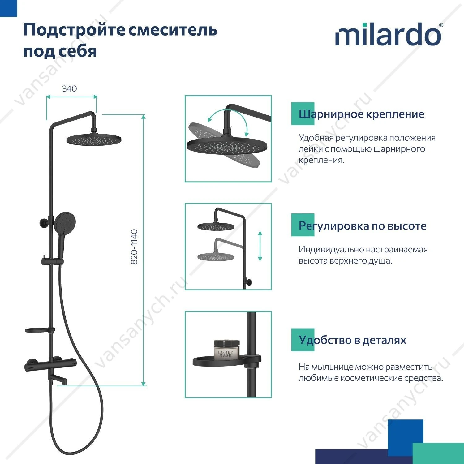 Смеситель термостат. для ванны с тропическим душем, черный матовый, Ideal Spa, Milardo, ILSBLTHM06