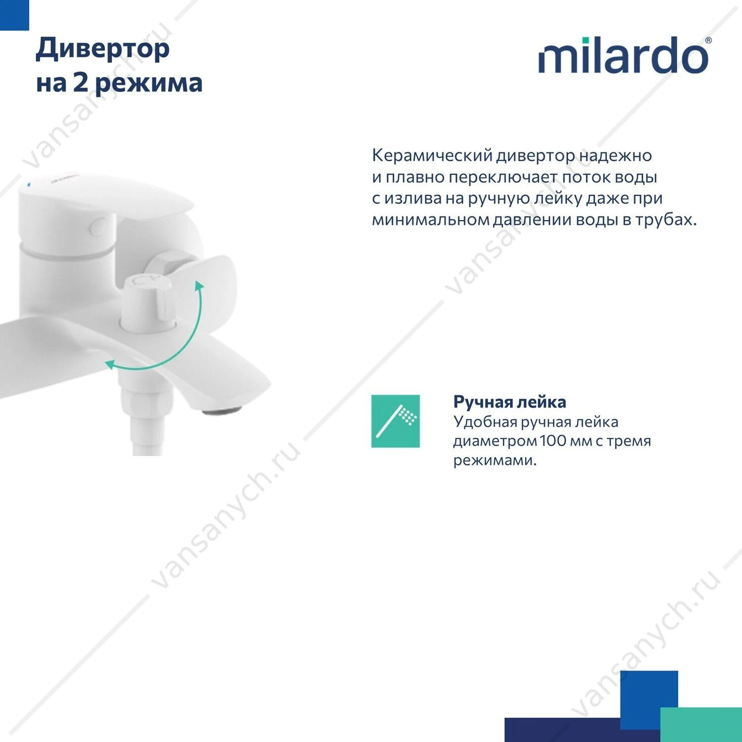 Смеситель для ванны с лейкой, шлангом, держ, белый матовый, Rora, Milardo, RORWT00M02