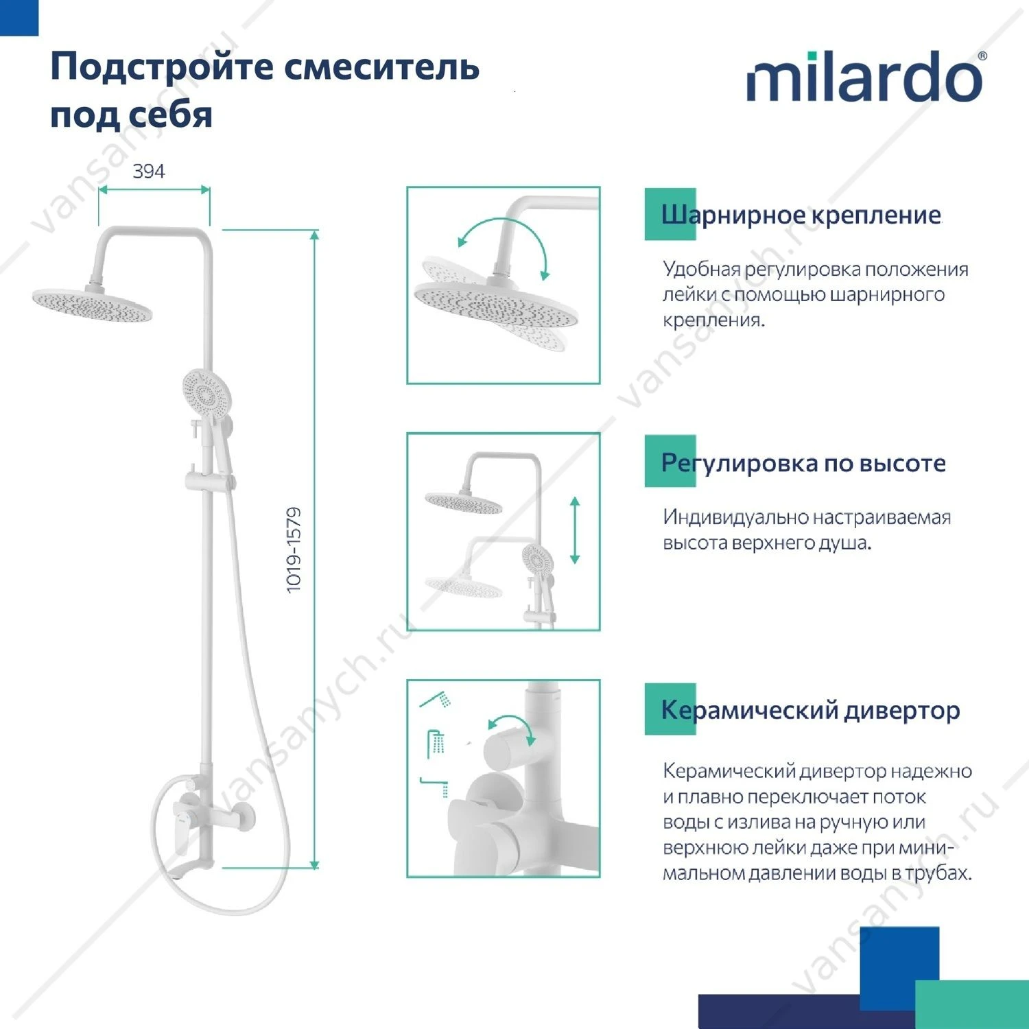 Смеситель для ванны с верхним душем, белый матовый, Rora, Milardo, RORWT4FM06