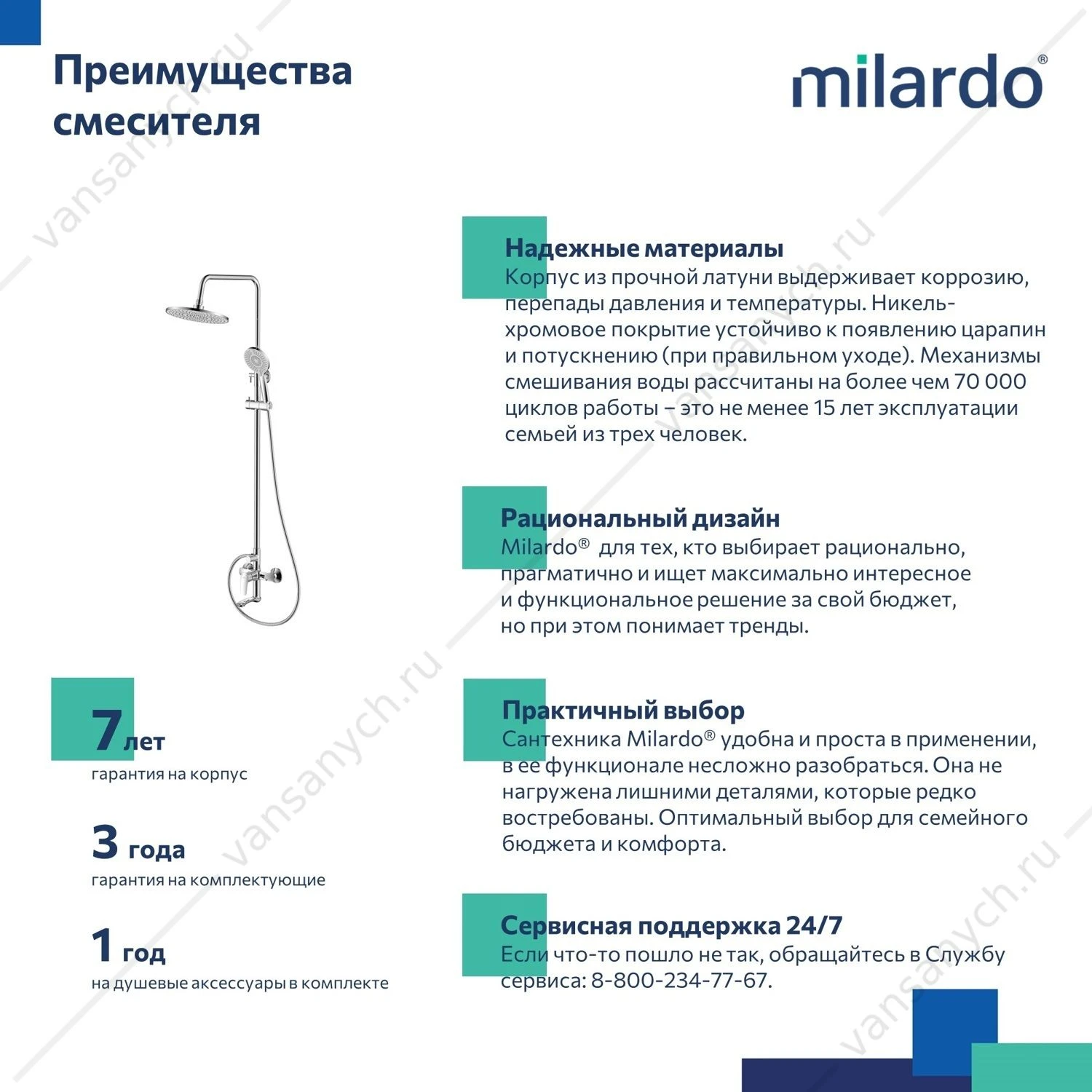 Смеситель для ванны с верхним душем, глянцевый хром, Rora, Milardo, RORSB4FM06