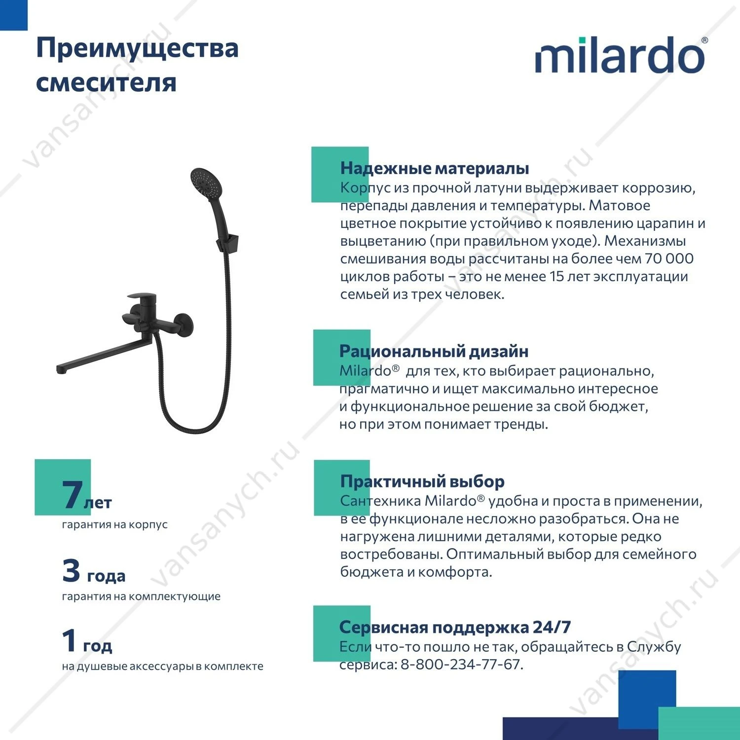 Смеситель для ванны с длинными изливом, черный матовый, Rora, Milardo, RORBL00M10
