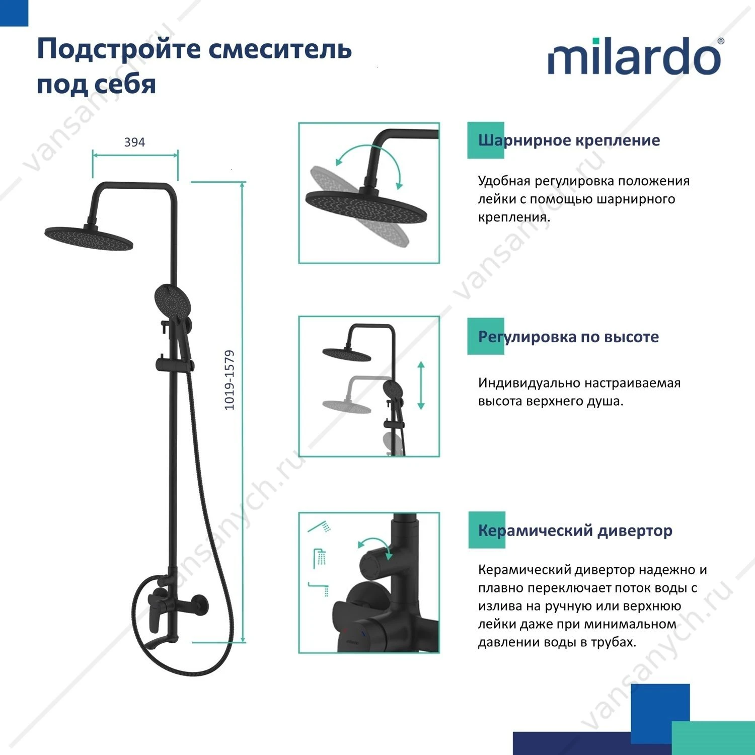Смеситель для ванны с верхним душем, черный матовый, Rora, Milardo, RORBL4FM06
