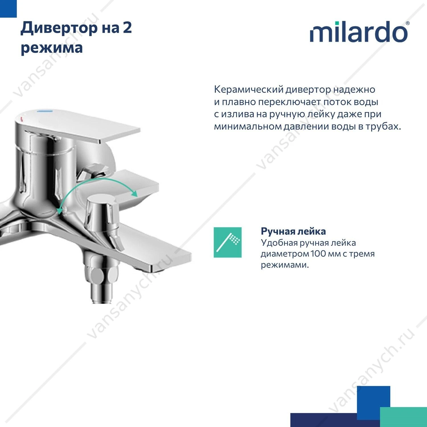 Смеситель для ванны, глянцевый хром, Azure, Milardo, AZUSB00M02