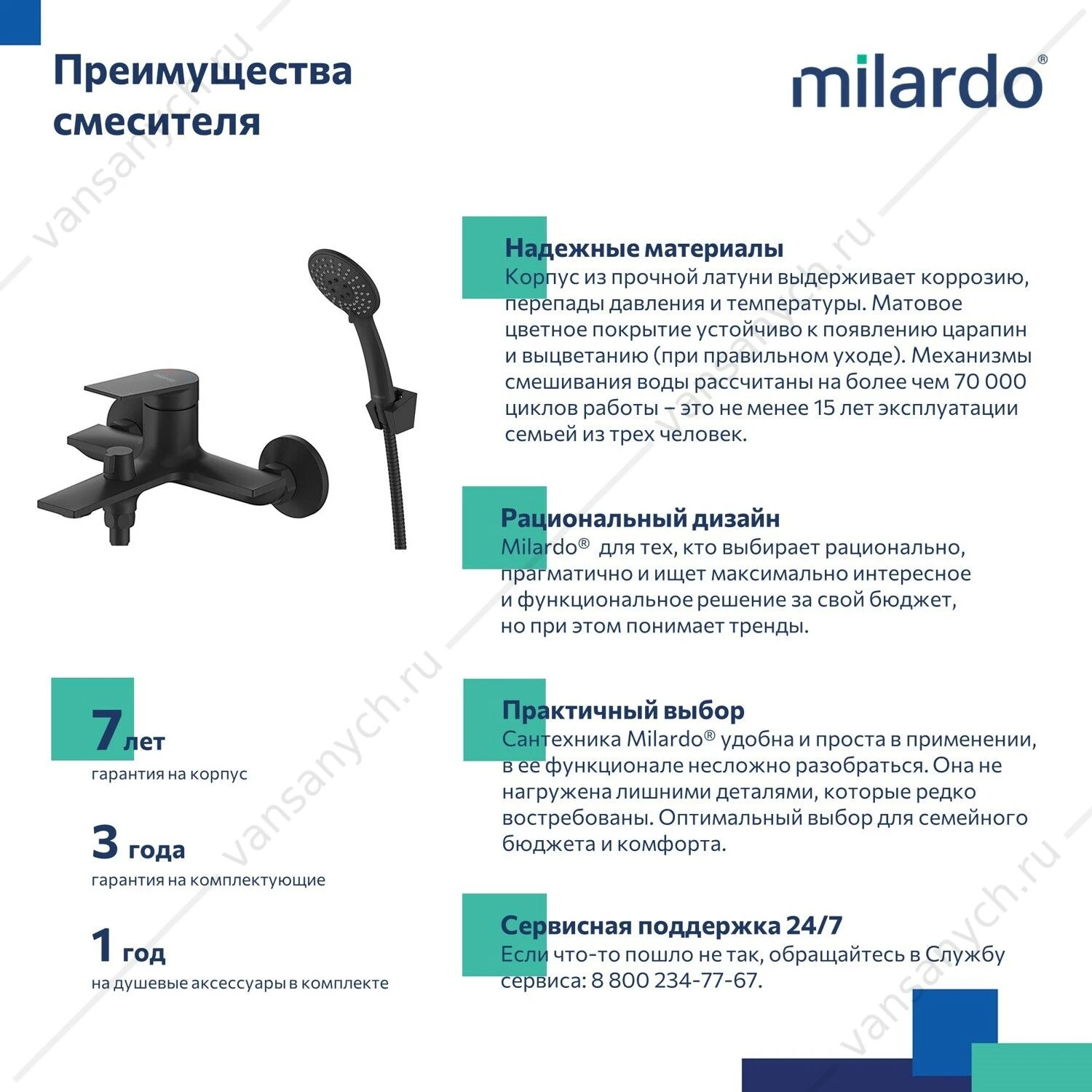 Смеситель для ванны, черный матовый, Azure, Milardo, AZUBL00M02