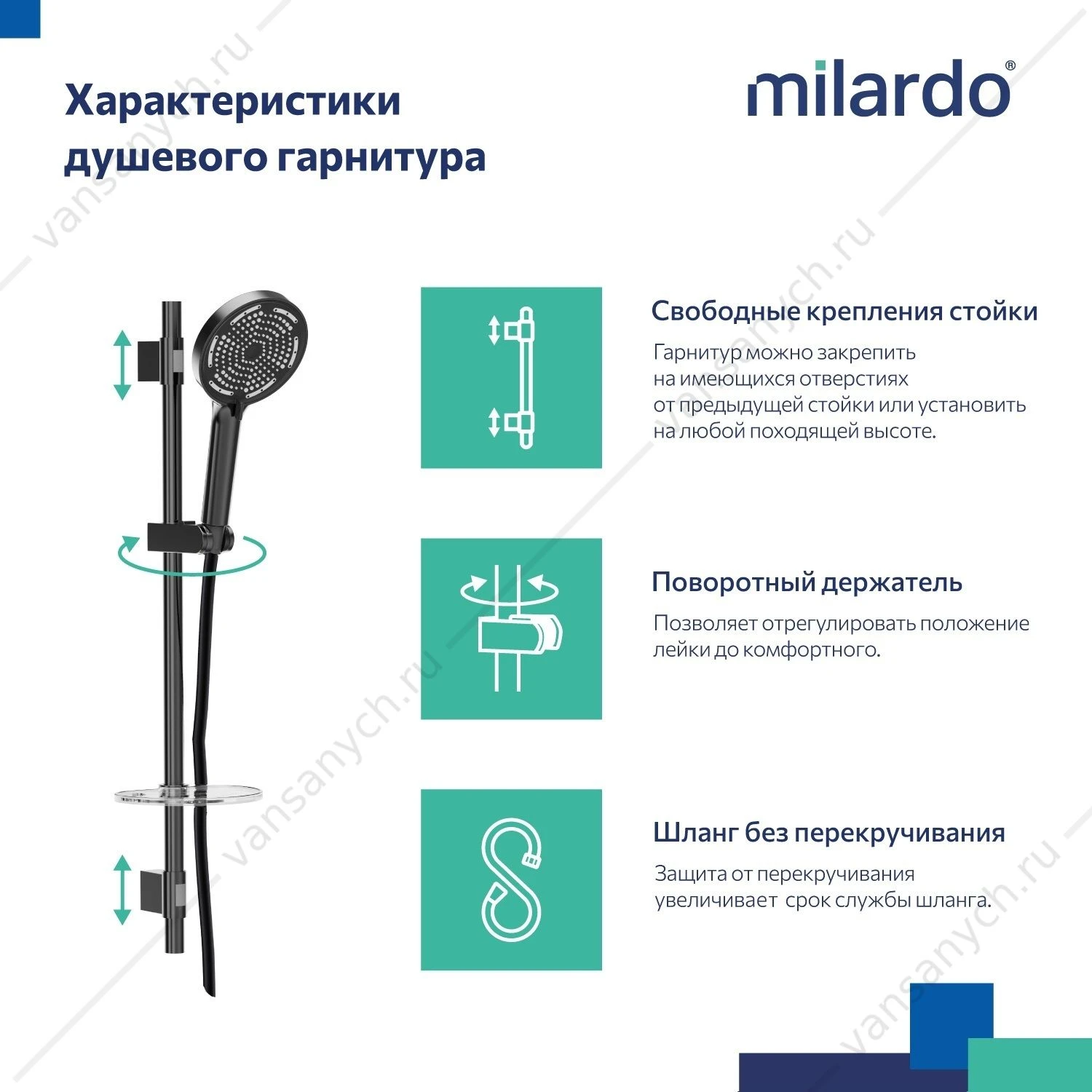 Душевой гарнитур со штангой, черный матовый, Ideal Spa, Milardo, ILS3B70M16
