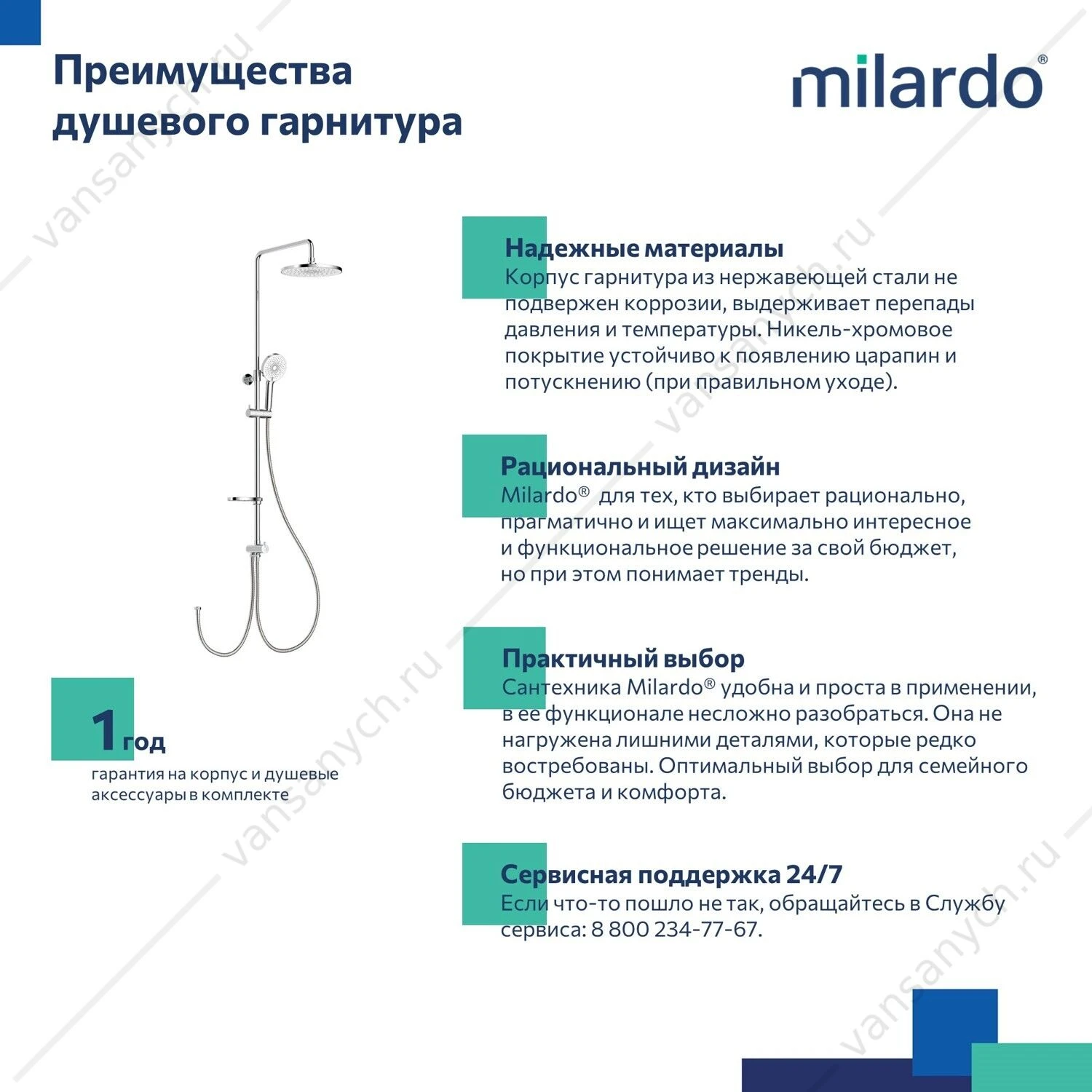 Душевой гарнитур с тропической лейкой, глянцевый хром, Ideal Spa, Milardo, ILSSB3FM76