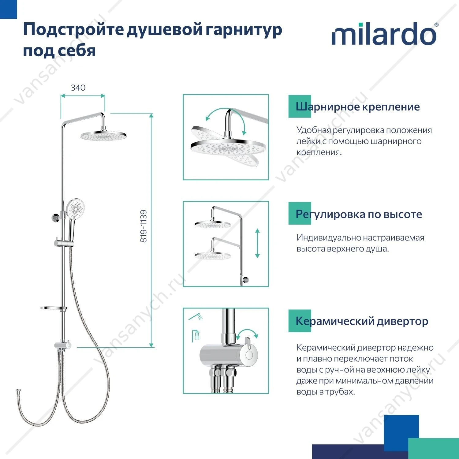 Душевой гарнитур с тропической лейкой, глянцевый хром, Ideal Spa, Milardo, ILSSB3FM76