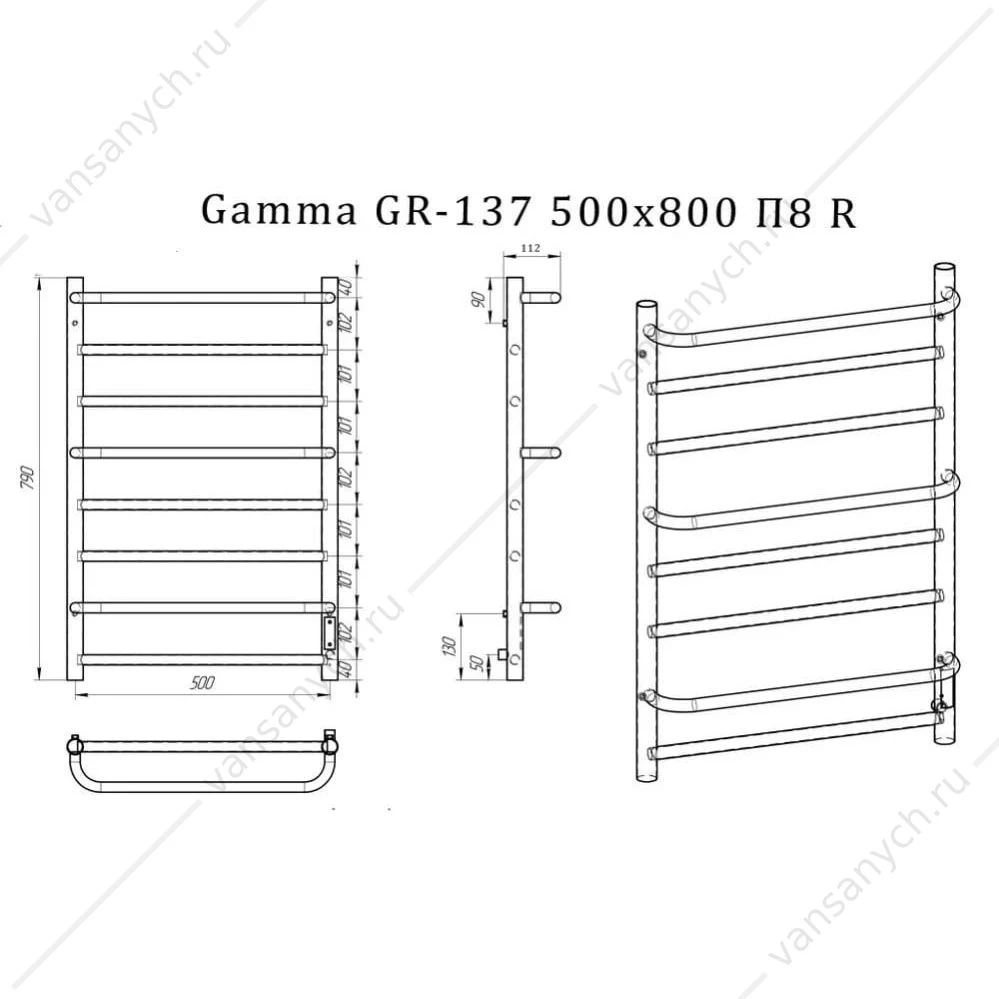 Полотенцесушитель 50х80 электрический 150Вт Grois Gamma GR-137 П8 black mat R