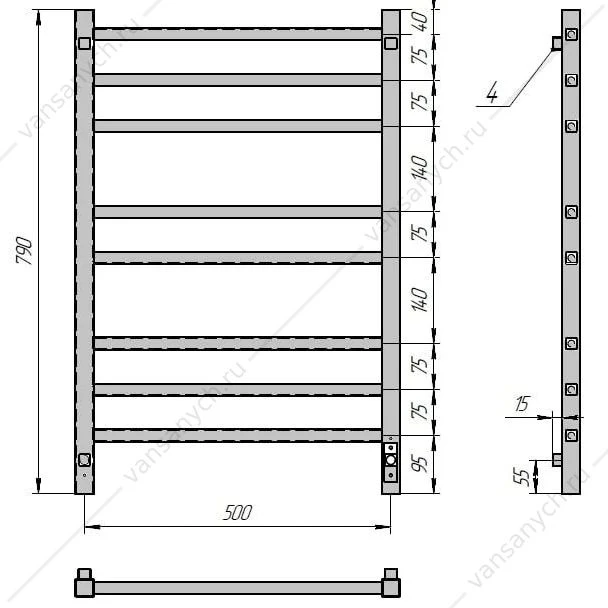 Полотенцесушитель 50х80 электрический 130Вт Grois Alex GR-102 П8 black mat U