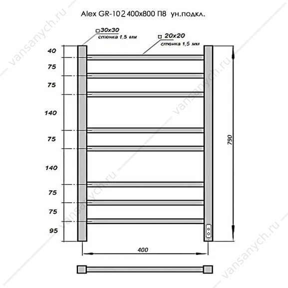 Полотенцесушитель 40х80 электрический 90Вт Grois Alex GR-102 П8 black mat U