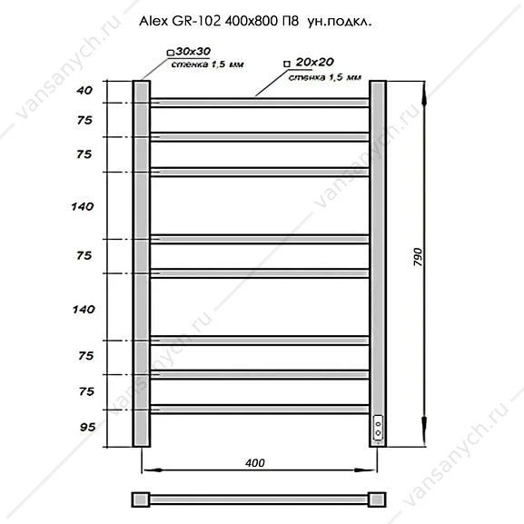Полотенцесушитель 40х80 электрический 90Вт Grois Alex GR-102 П8 white U