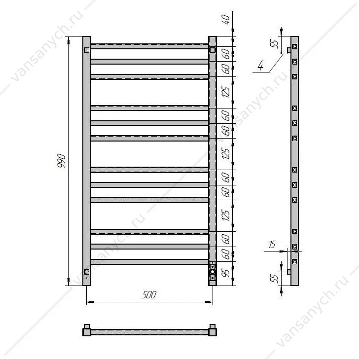 Полотенцесушитель 50х100 электрический 165Вт Grois Alex GR-104 П12 white U