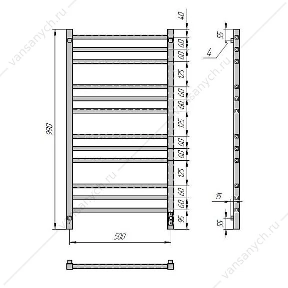 Полотенцесушитель 50х100 электрический 165Вт Grois Alex GR-104 П12 black mat U