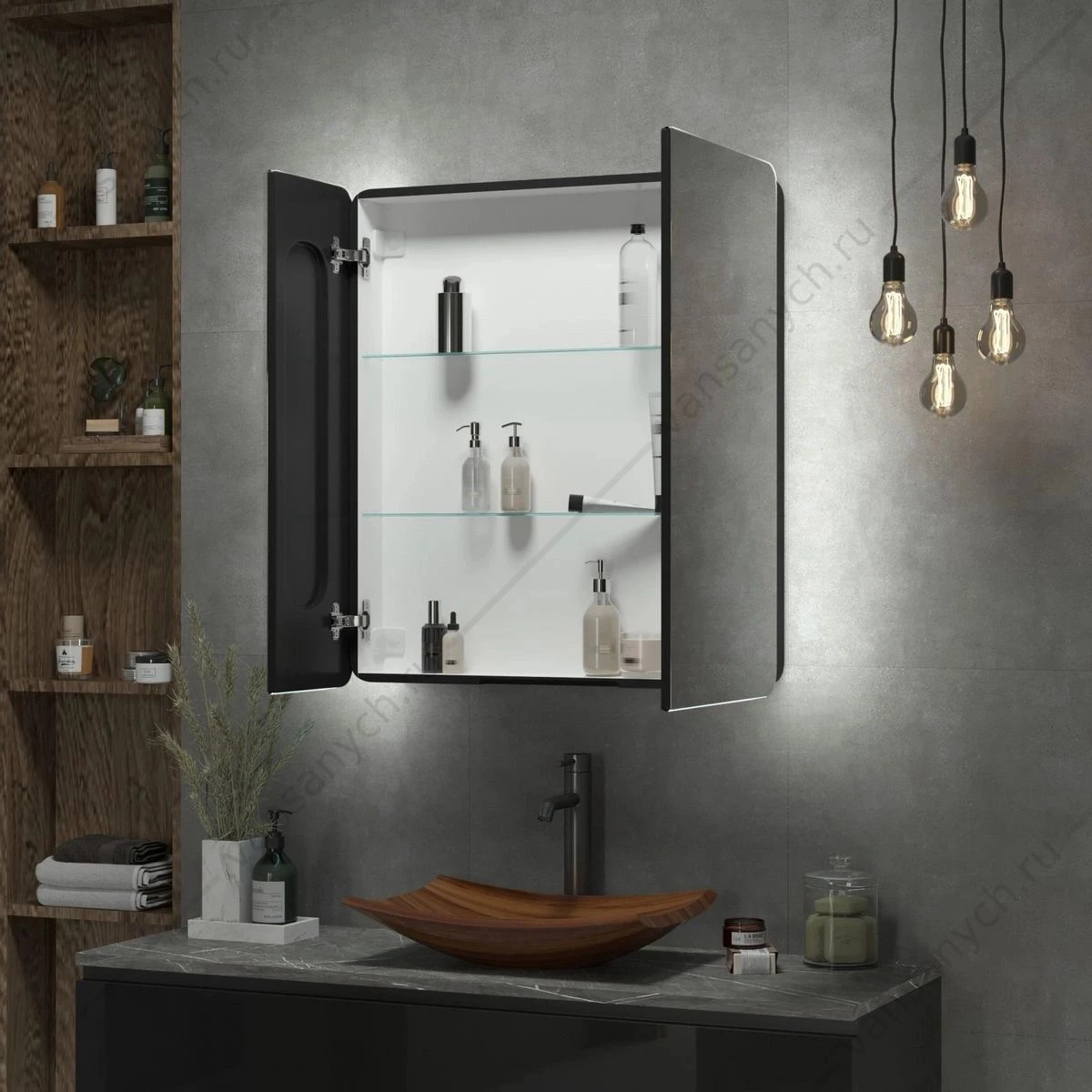 Зеркало-шкаф 76х85 Eltoro Black с LED подсветкой МВК114