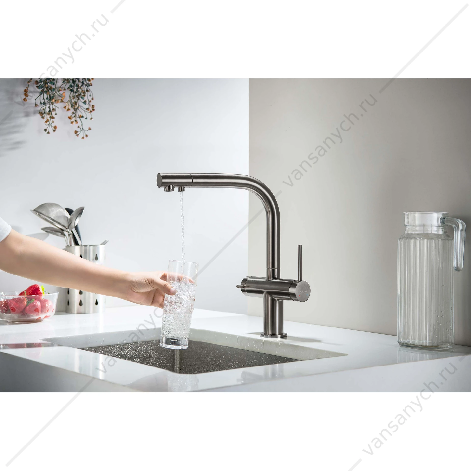 Смеситель для кухни с подключением к фильтру питьевой воды AQUATEK, оружейная сталь AQ1385BGM Европа