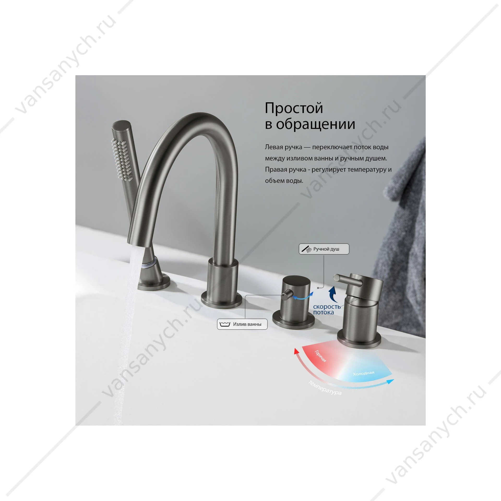 Смеситель на борт ванны на 4 отв. AQUATEK Европа, оружейная сталь AQ1348BGM