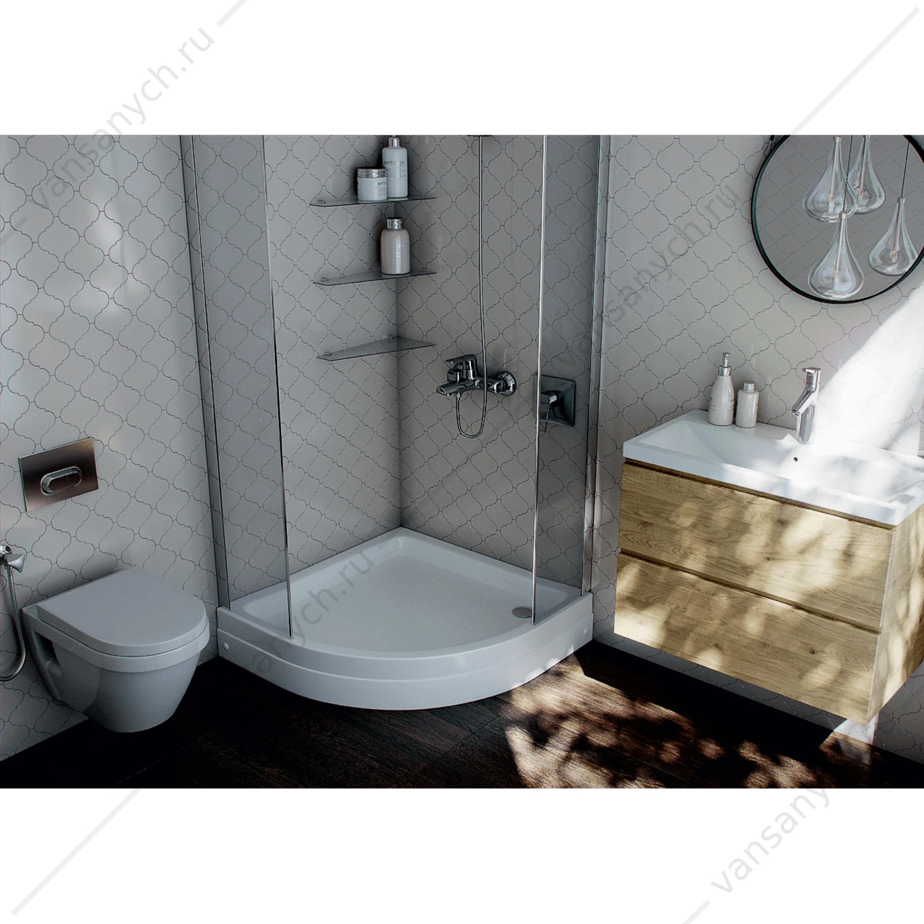 Поддон 90х90 акриловый, 1/4 круга, с ножками и съемной панелью. БЕЗ СИФОНА.
