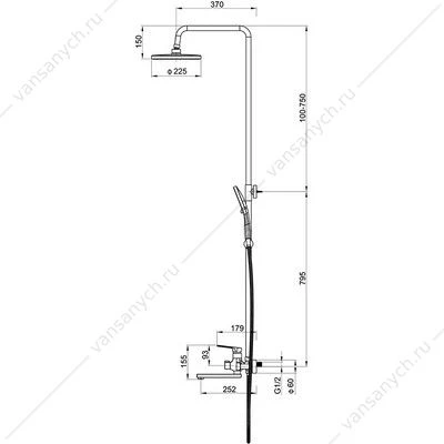 Душевая системадля ванны GROSS AQUA Prado GA9828SMDR с изливом, никель-хром