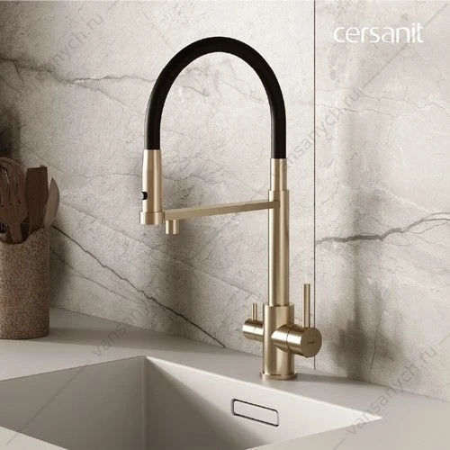 Смеситель для кухни Cersanit ZEN, с фильтром, гибкий излив, золото, A68251