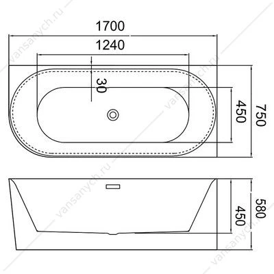 Ванна 170х75 акриловая AZARIO RIO GRANDE пристенная, правая, с сифоном и рамой AZ-6724-2R