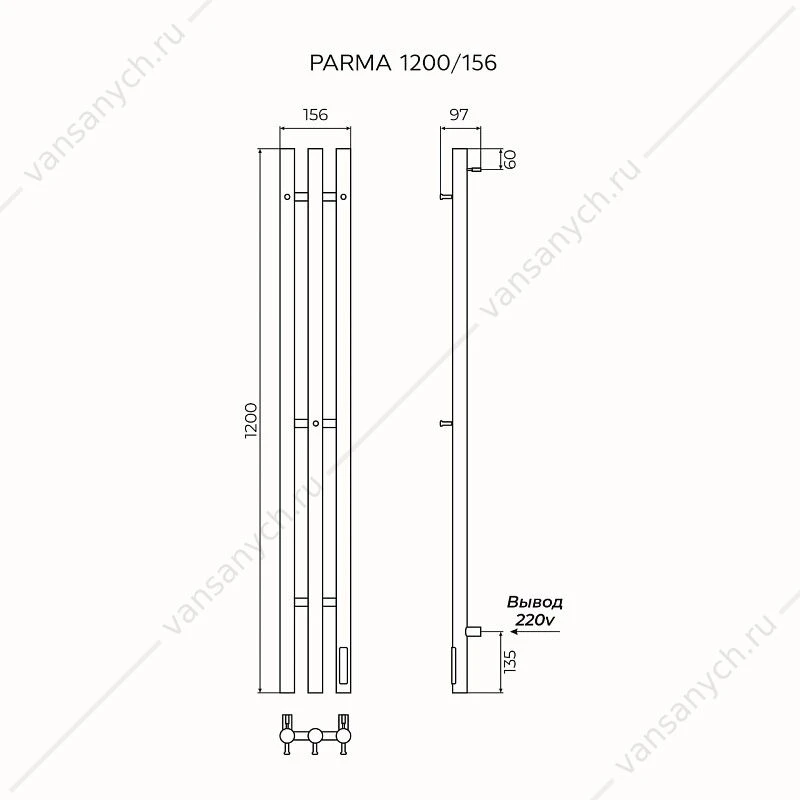 Полотенцесушитель 15х120 AZARIO PARMA 1200/156 электрический ГРАФИТ стойка R 3 пер. AZ83859G