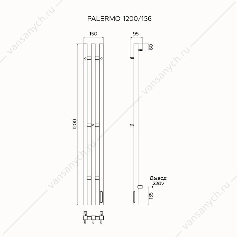 Полотенцесушитель 15х120 электрический AZARIO PALERMO 1200/156 стойка, квадрат, 3 секц, диммер справа, черный AZ83916B
