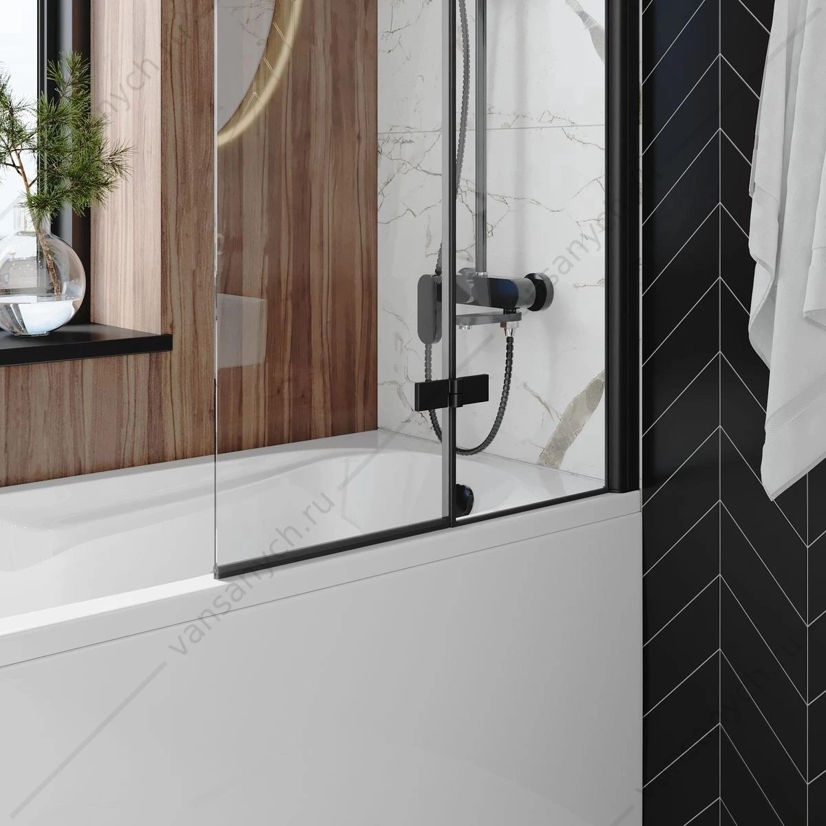 Шторка 80х140 на ванну Watersense Nancy W00217 распашная, прозр. стекло, профиль черный матовый
