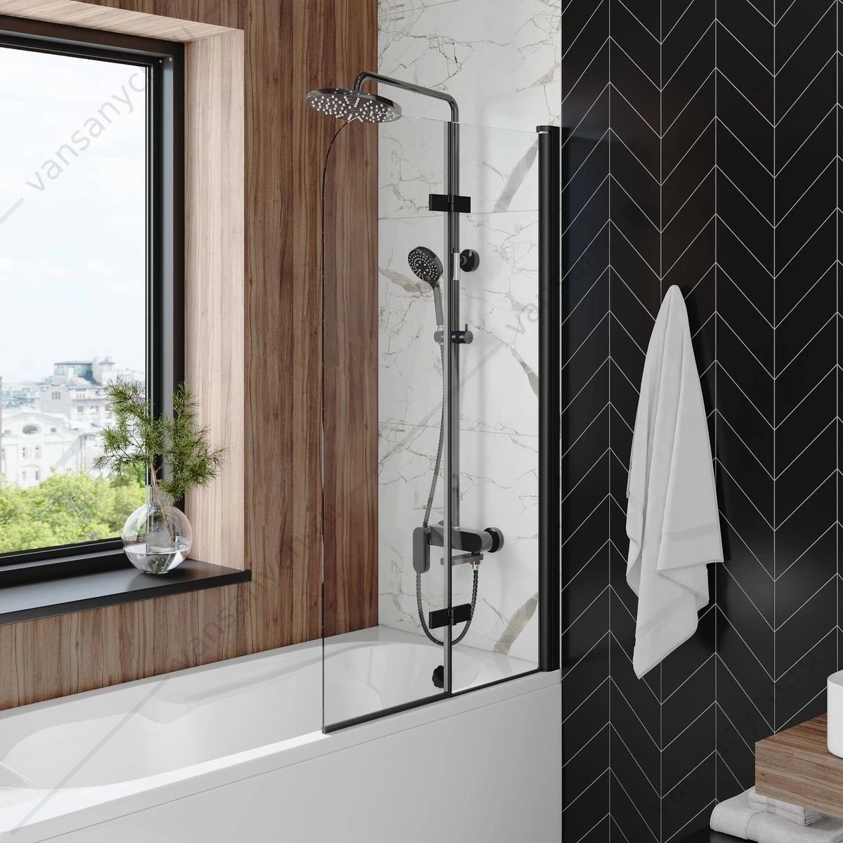 Шторка 80х140 на ванну Watersense Nancy W00217 распашная, прозр. стекло, профиль черный матовый