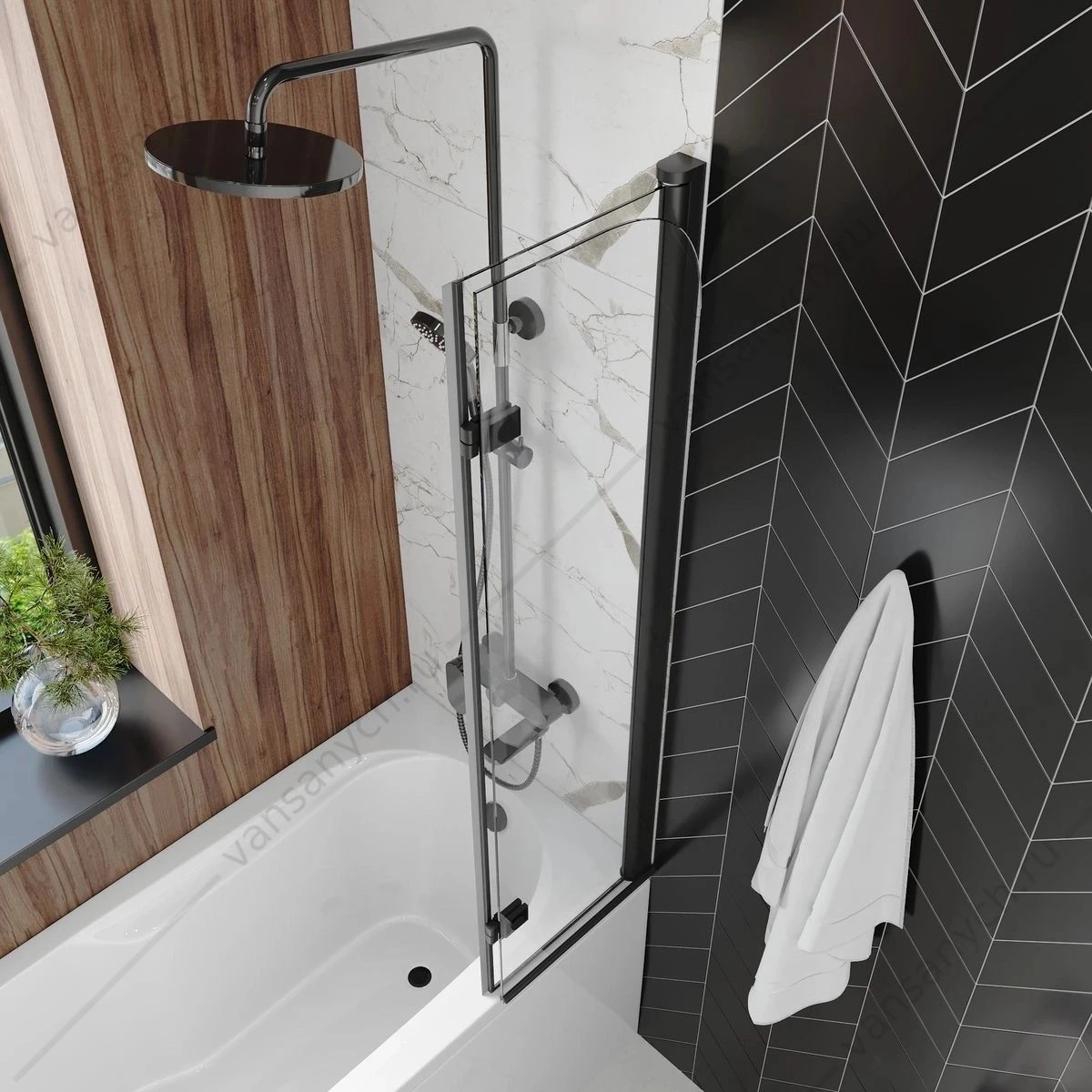 Шторка 80х140 на ванну Watersense Nancy W00217 распашная, прозр. стекло, профиль черный матовый