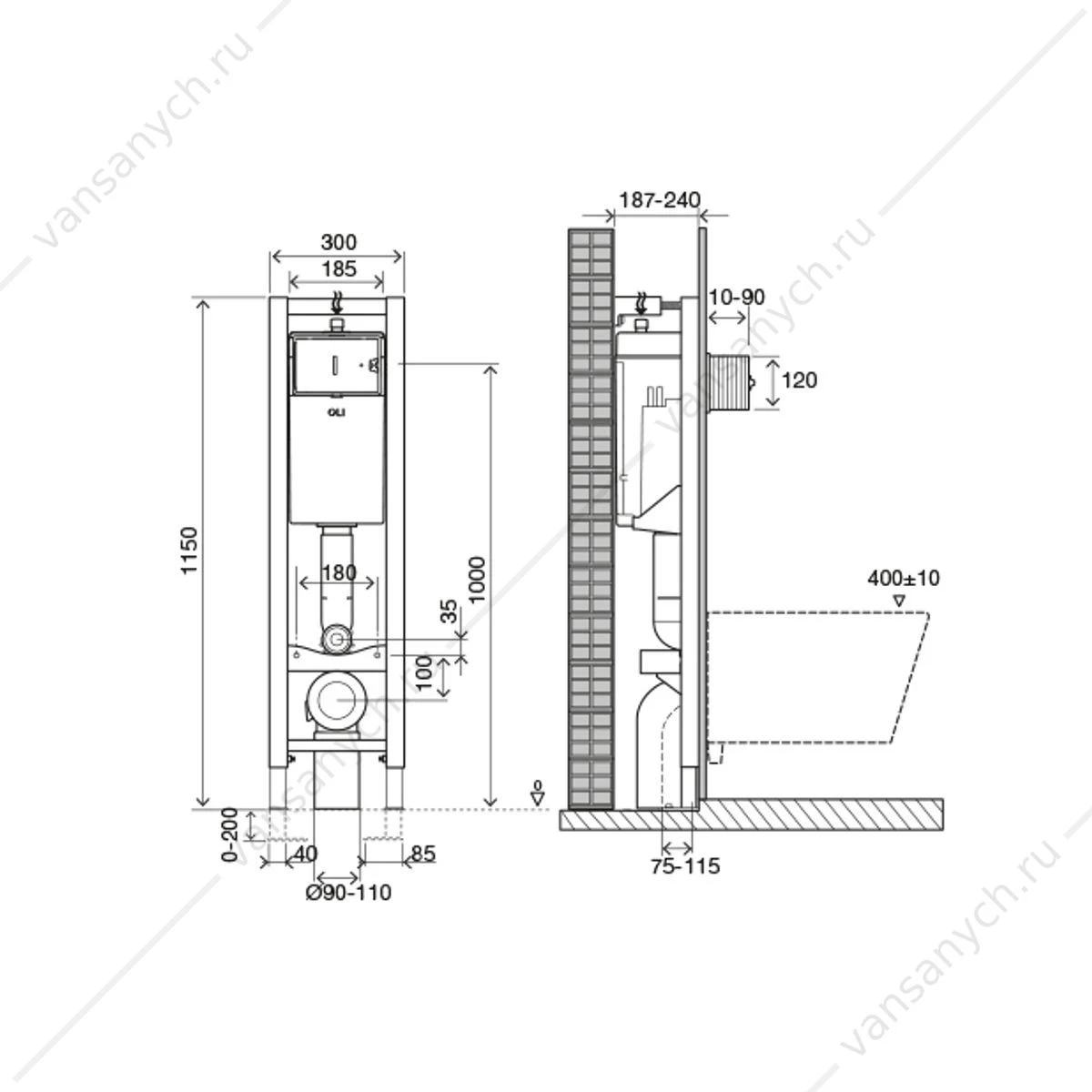 Инсталляция пневматическая OLI QUADRA PLUS Sanitarblock 141945 без кнопки, (fast-fit), 30х115х18,7 мм