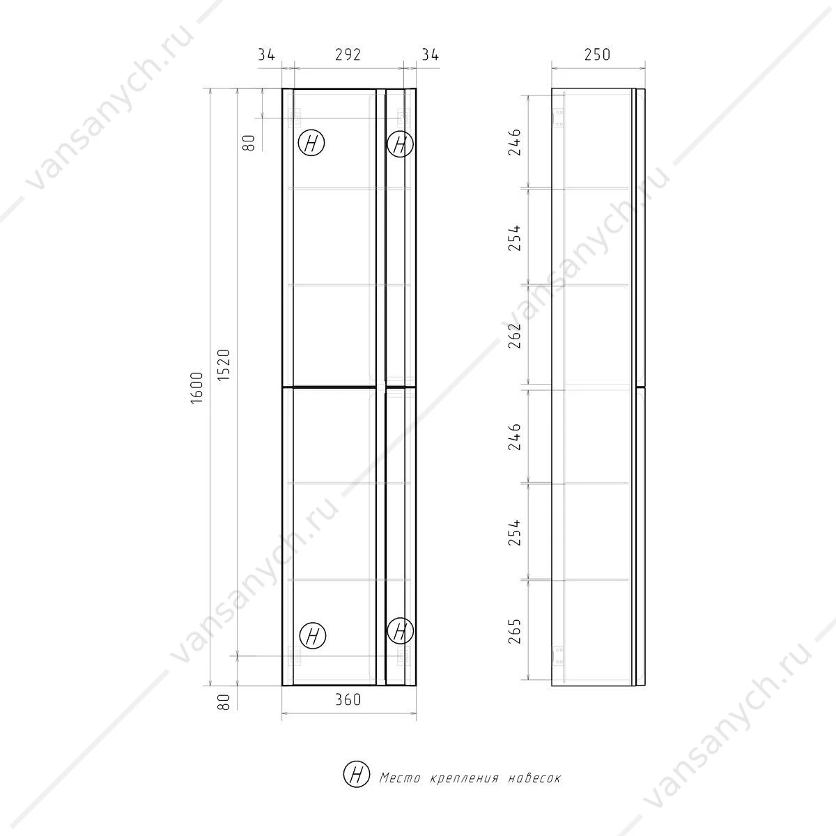 Пенал 36х25х160 подвесной EQUIL Elegante 36.R ppELGNT36.R-24.26, правый, мейджик, дуб голиано