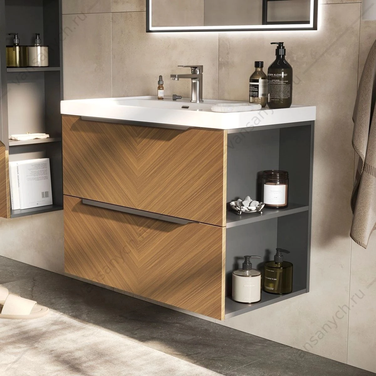 Тумба 80 с раковиной подвесная EQUIL FOREST 80.2Y, tpFOREST80.2Y-31, орех, раковина 9080TL