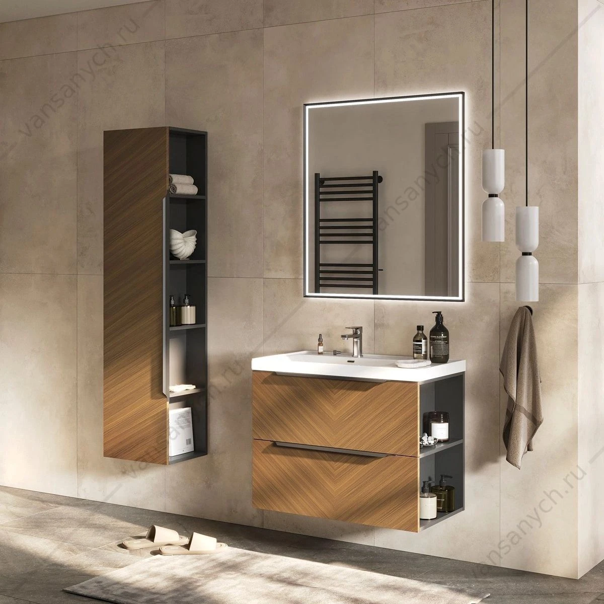 Тумба 80 с раковиной подвесная EQUIL FOREST 80.2Y, tpFOREST80.2Y-31, орех,  раковина 9080TL